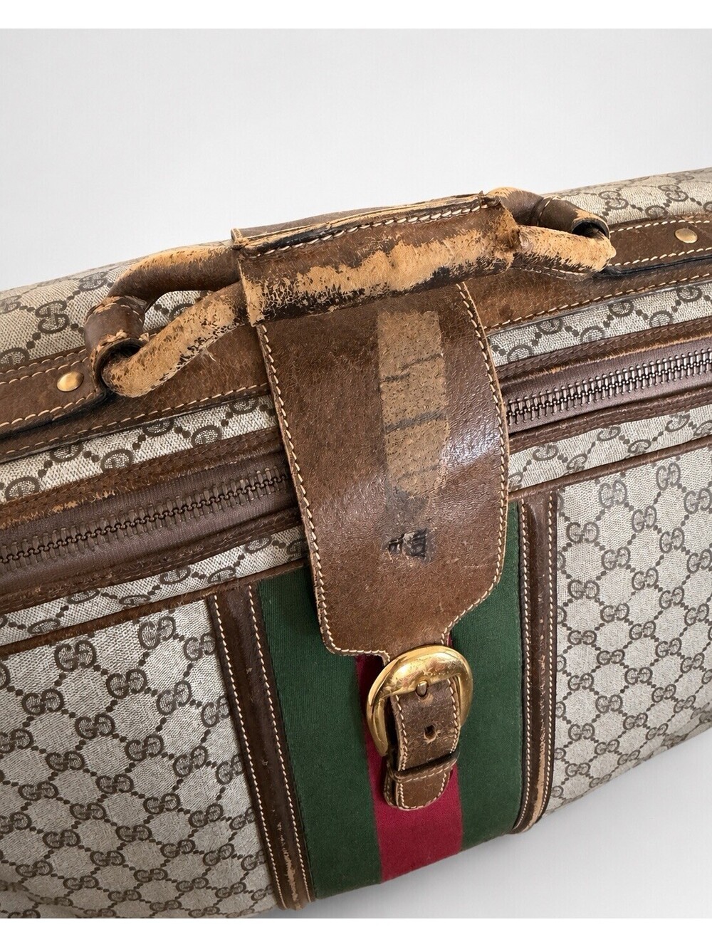 Vintage GUCCI GG Plus Monogram Leather Oversized Web Weekender Bag Suitcase Home - Picture 2 of 8
